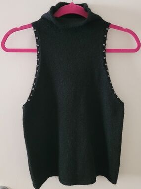 Sleeveless Turtleneck Knit Top with Stud Trim - Black
